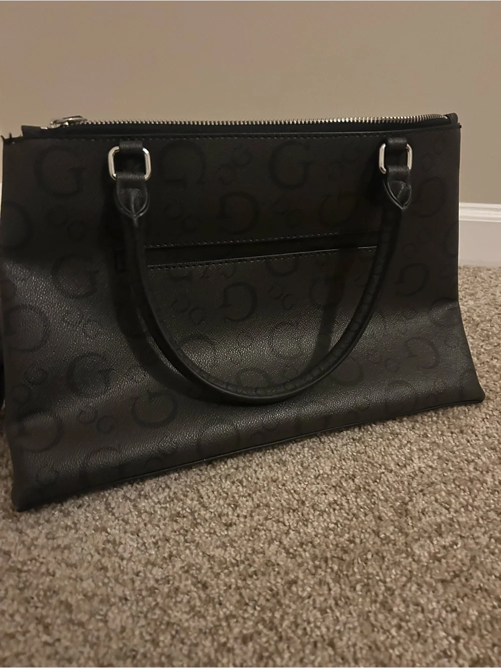 Guess Black Logo-Embossed Satchel with Silver Plate